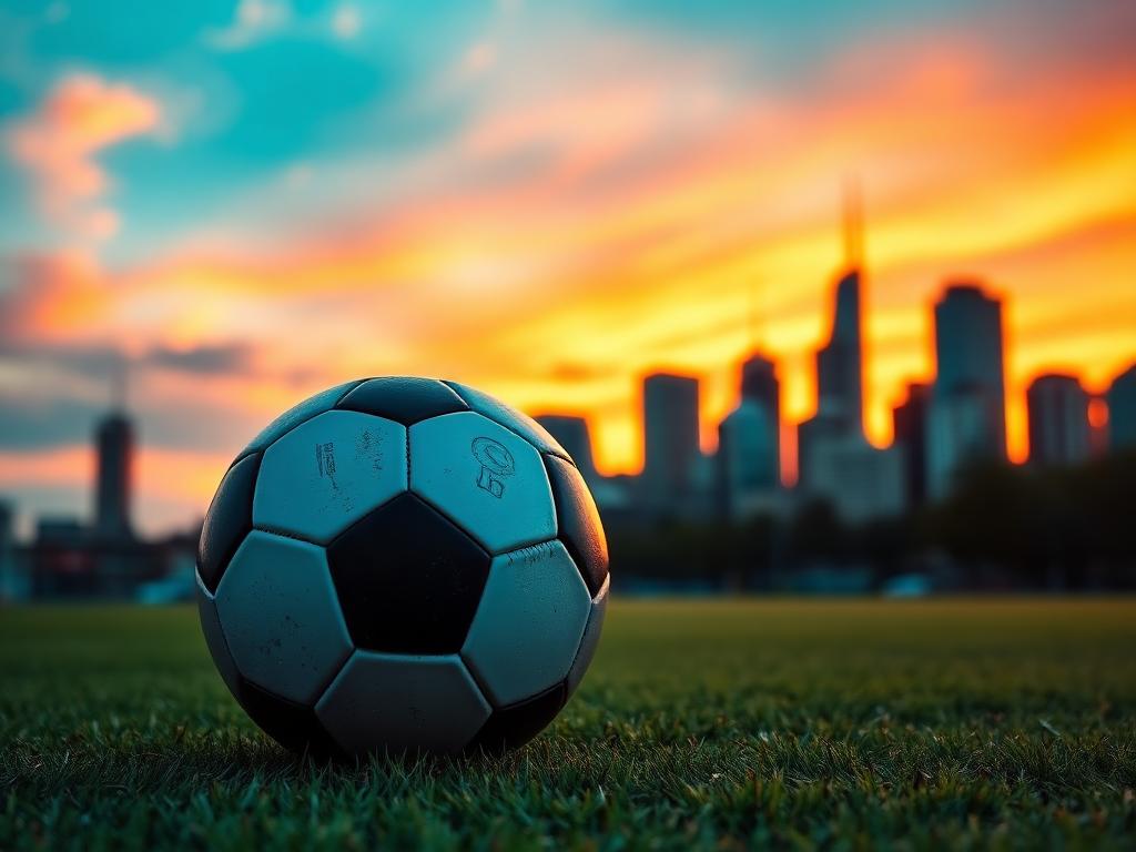 World Cup match ball over a North American skyline